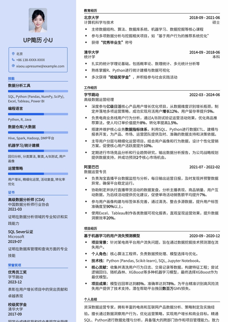 【数据运营】求职优选模板：助您洞悉数据，赋能增长简历模板预览