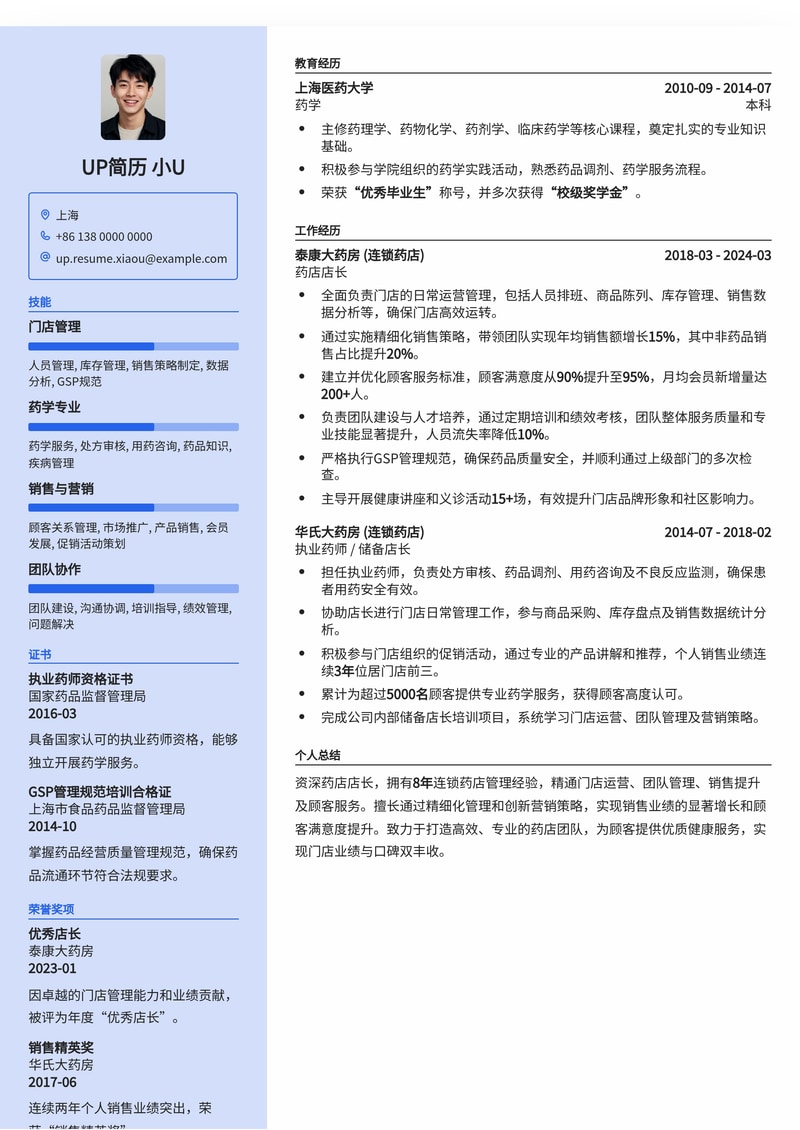 专业药店店长简历模板：助您高效管理，业绩倍增！简历模板预览