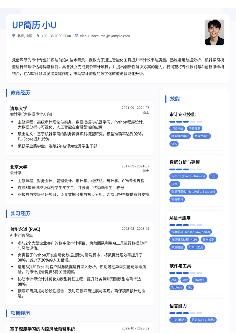 AI 审计员专业简历模板:智能时代,洞察非凡简历模板预览
