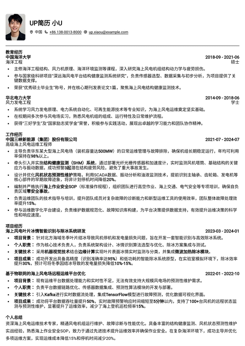 海上风电运维技术专家简历模板:结构健康监测、智能预测性维护与高安全SOP简历模板预览