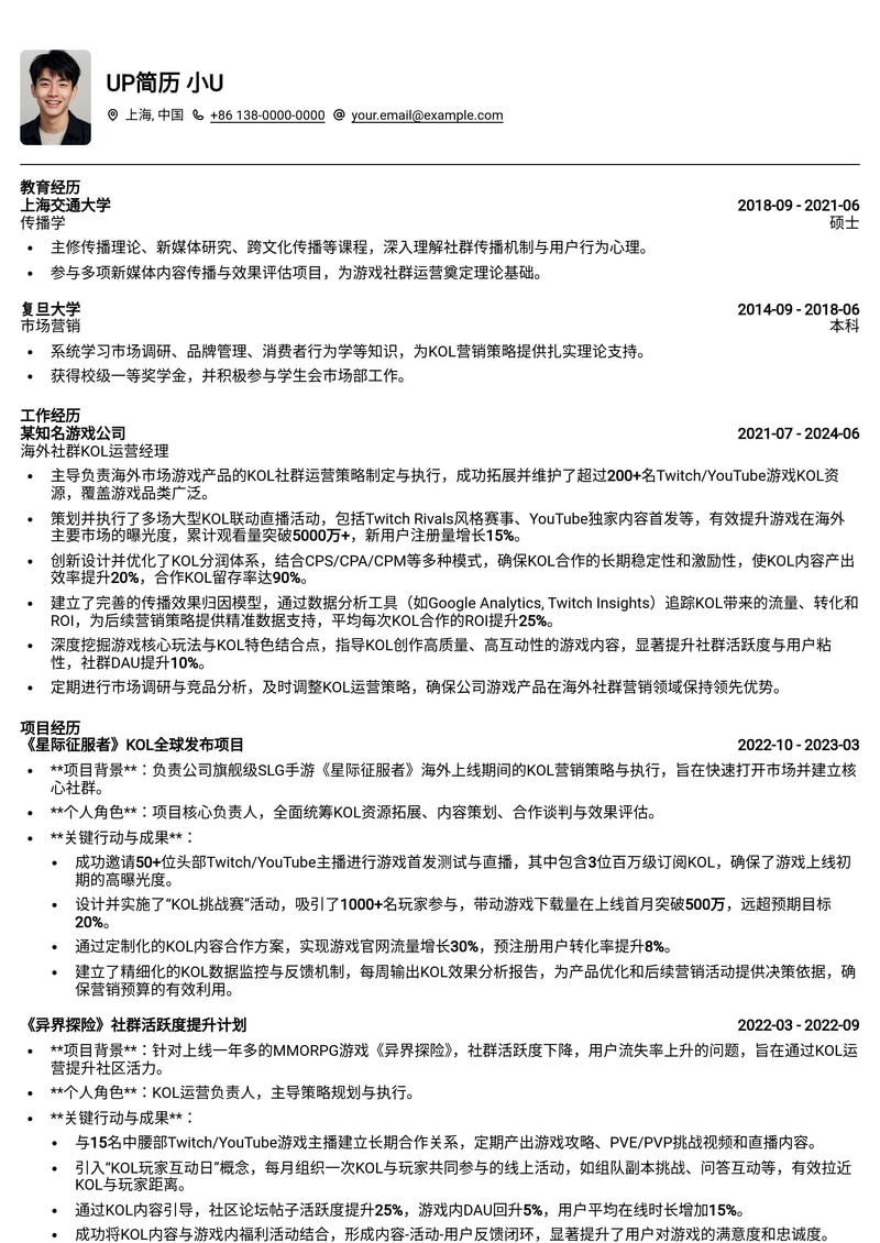 海外游戏社群KOL运营简历模板：赋能Twitch/YouTube播主联动与传播效果归因简历模板预览