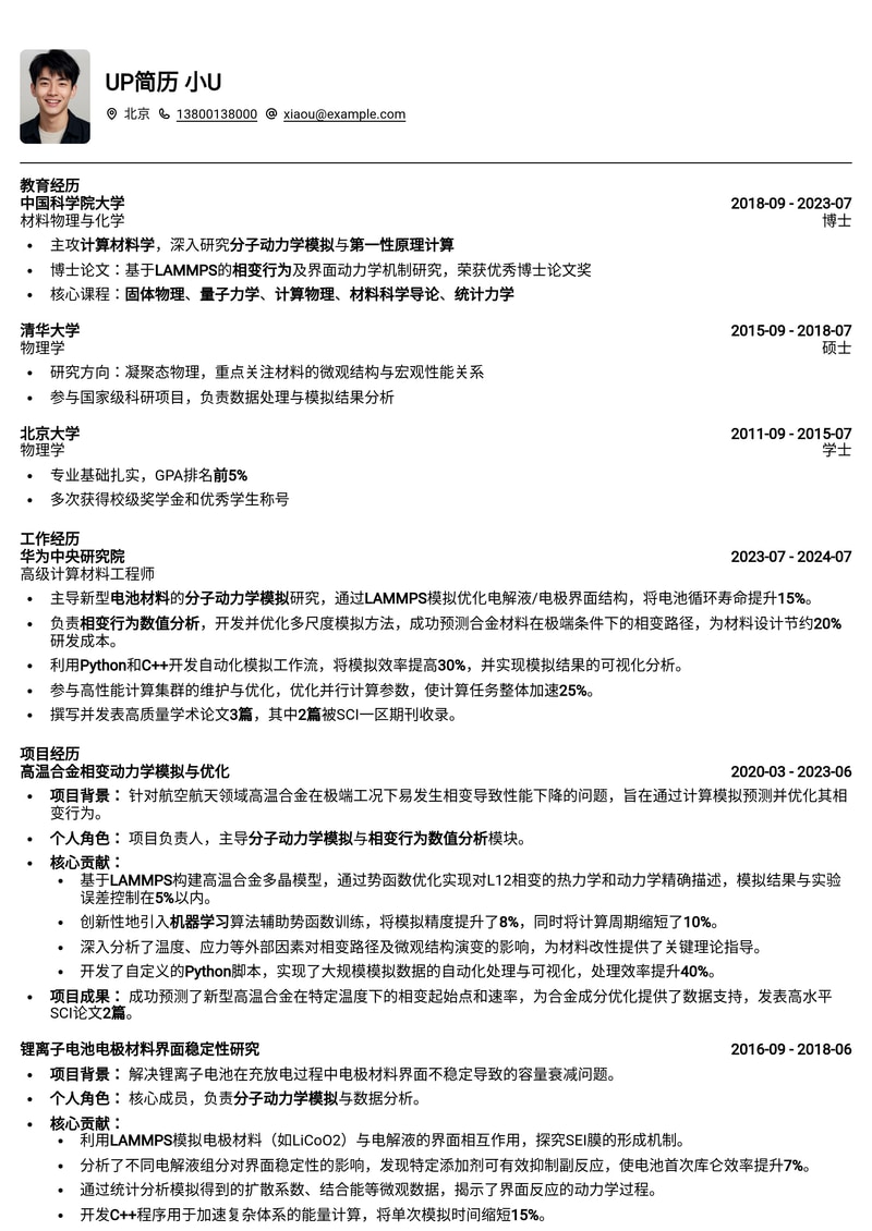 计算物理材料模拟专家简历模板：LAMMPS应用与分子动力学相变分析简历模板预览