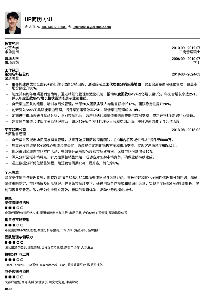 渠道总监简历模板:全国代理商分销网络地图与年度回款GMV增长,数据驱动业绩简历模板预览