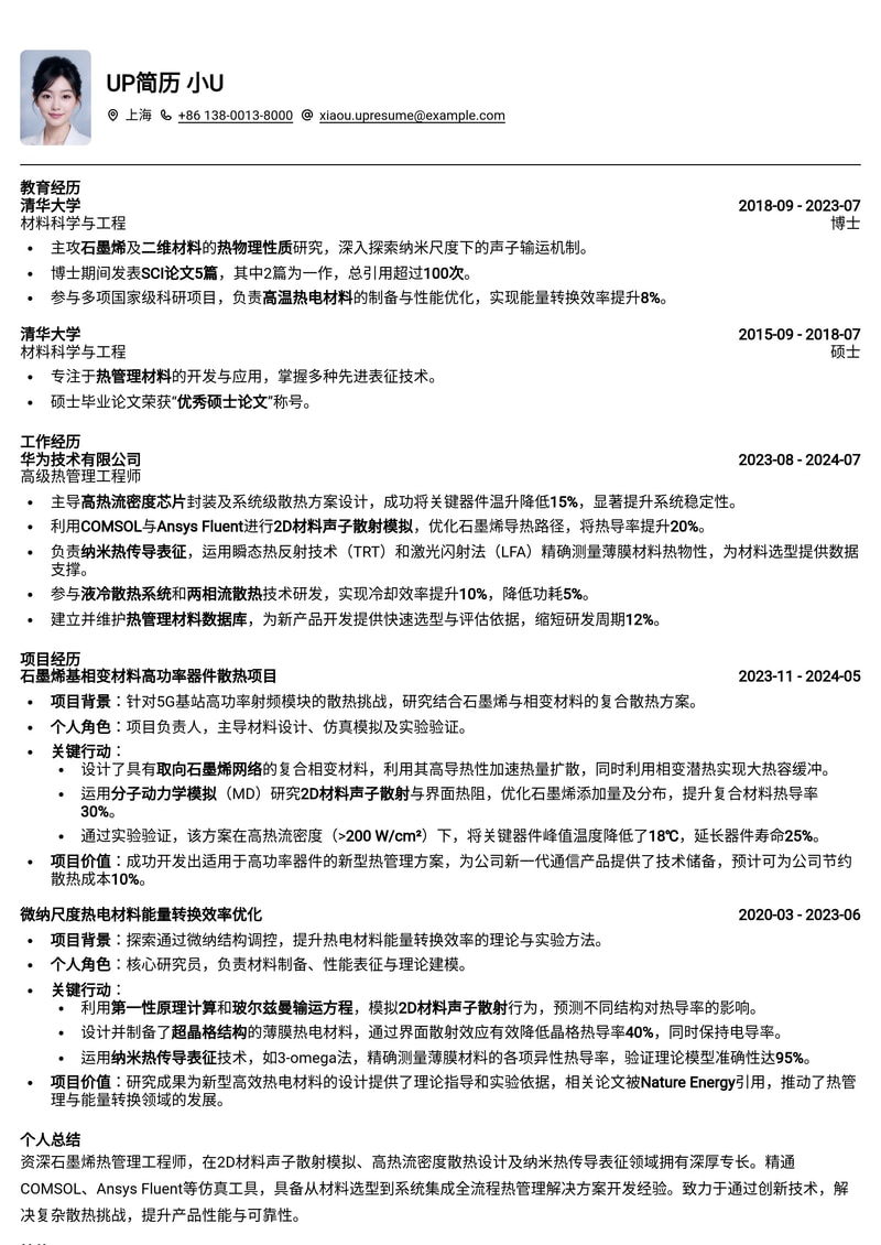 石墨烯热管理工程师简历模板：2D材料声子散射模拟、高热流密度散热设计、纳米热传导表征简历模板预览