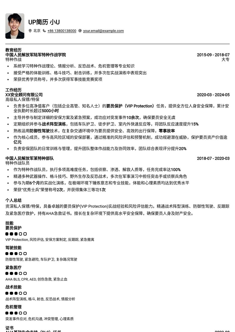 私人保镖/特保简历模板:要员保护战术与防御性驾驶/急救专家简历模板预览