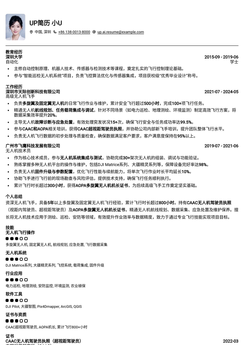 无人机飞手专业简历模板：突出CAAC/AOPA证书与飞行小时数简历模板预览