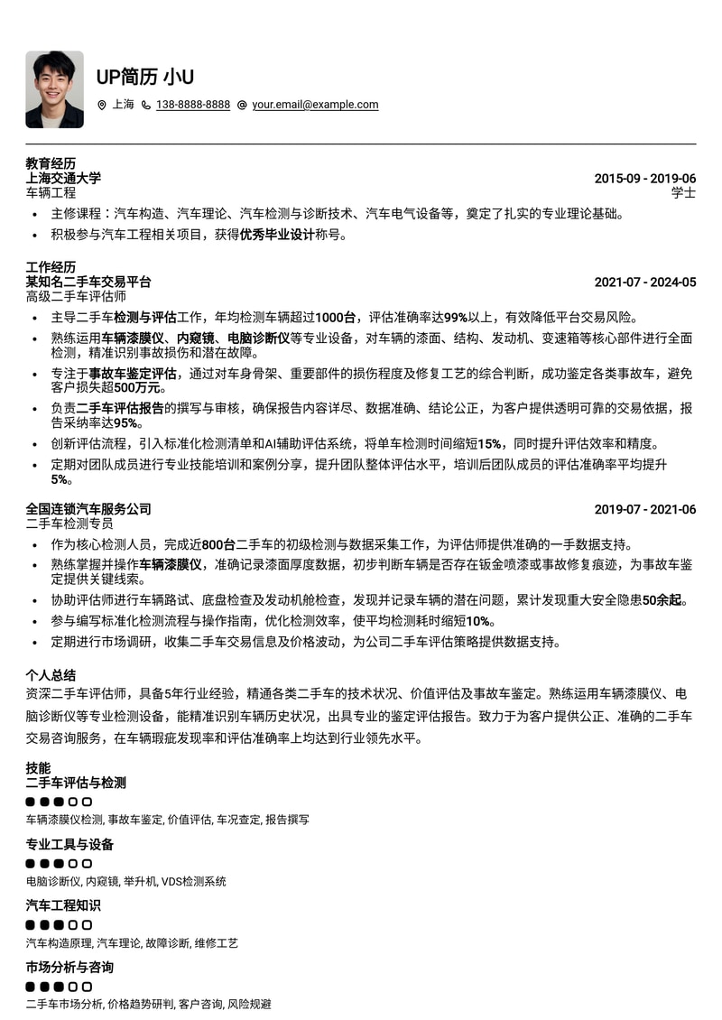 专业二手车评估师简历模板:车辆漆膜仪检测与事故车鉴定评估报告亮点简历模板预览