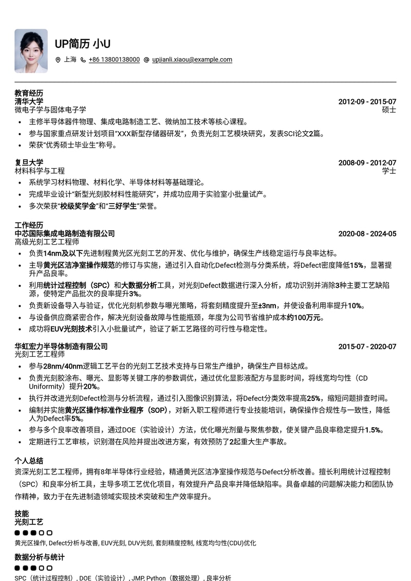 光刻工艺工程师简历模板:黄光区洁净室操作规范与良率Defect分析改善(专业版)简历模板预览