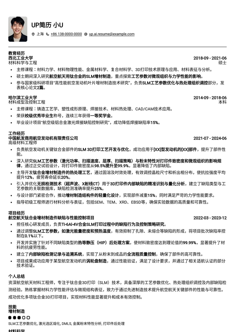 航空航天钛合金3D打印工程师简历模板：SLM工艺参数、热处理与缺陷检测专家简历模板预览