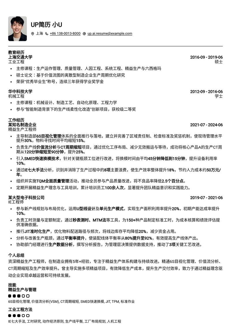 精益生产工程师简历范文：推行6S目视化管理与缩短生产CT周期简历模板预览