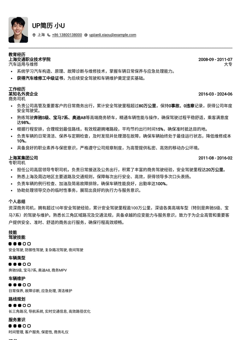 商务司机简历模板：百万公里安全驾驶认证，精通S级/7系高端车型简历模板预览