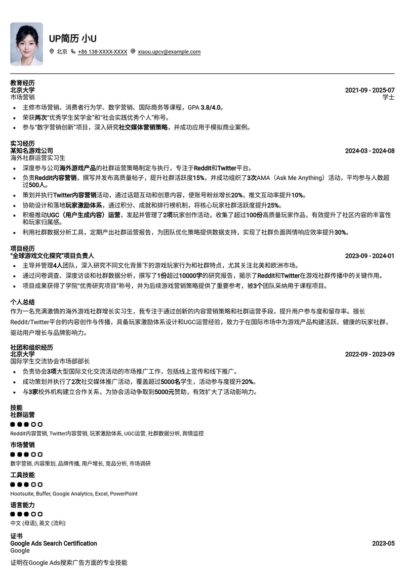 海外游戏社群增长实习简历模板：Reddit/Twitter内容营销与玩家UGC运营简历模板预览