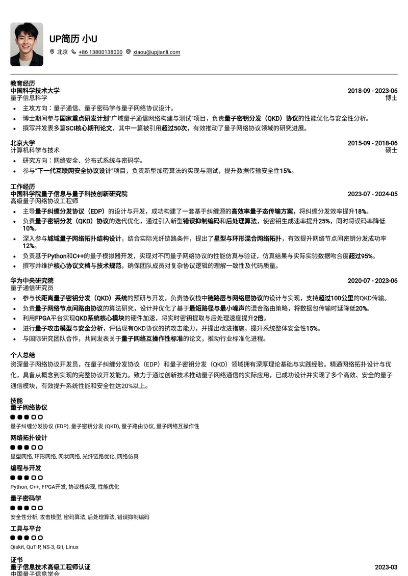 量子网络协议开发员简历模板：深度解析量子纠缠、QKD与网络拓扑简历模板预览