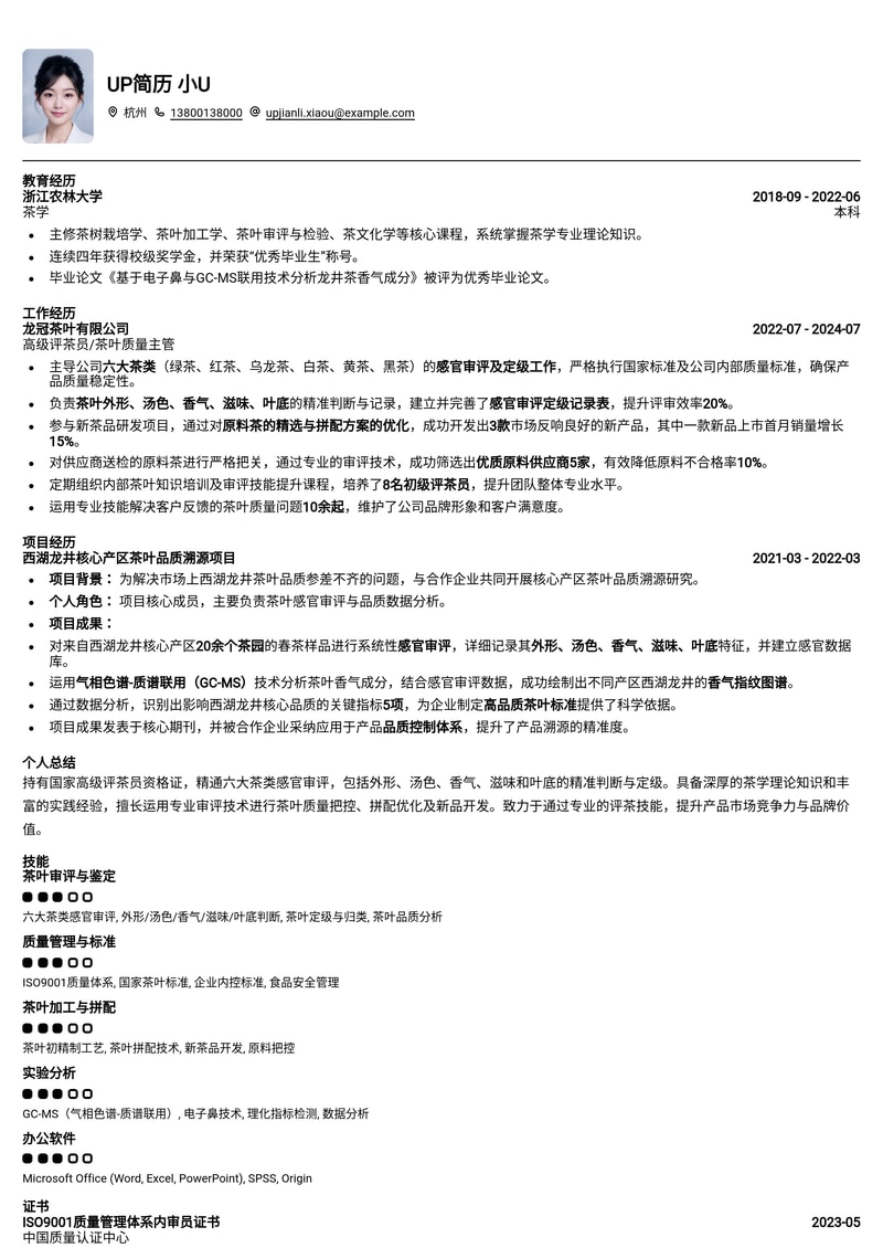 评茶员/侍茶师专业简历模板：国家高级资格认证与六大茶类审评实战简历模板预览