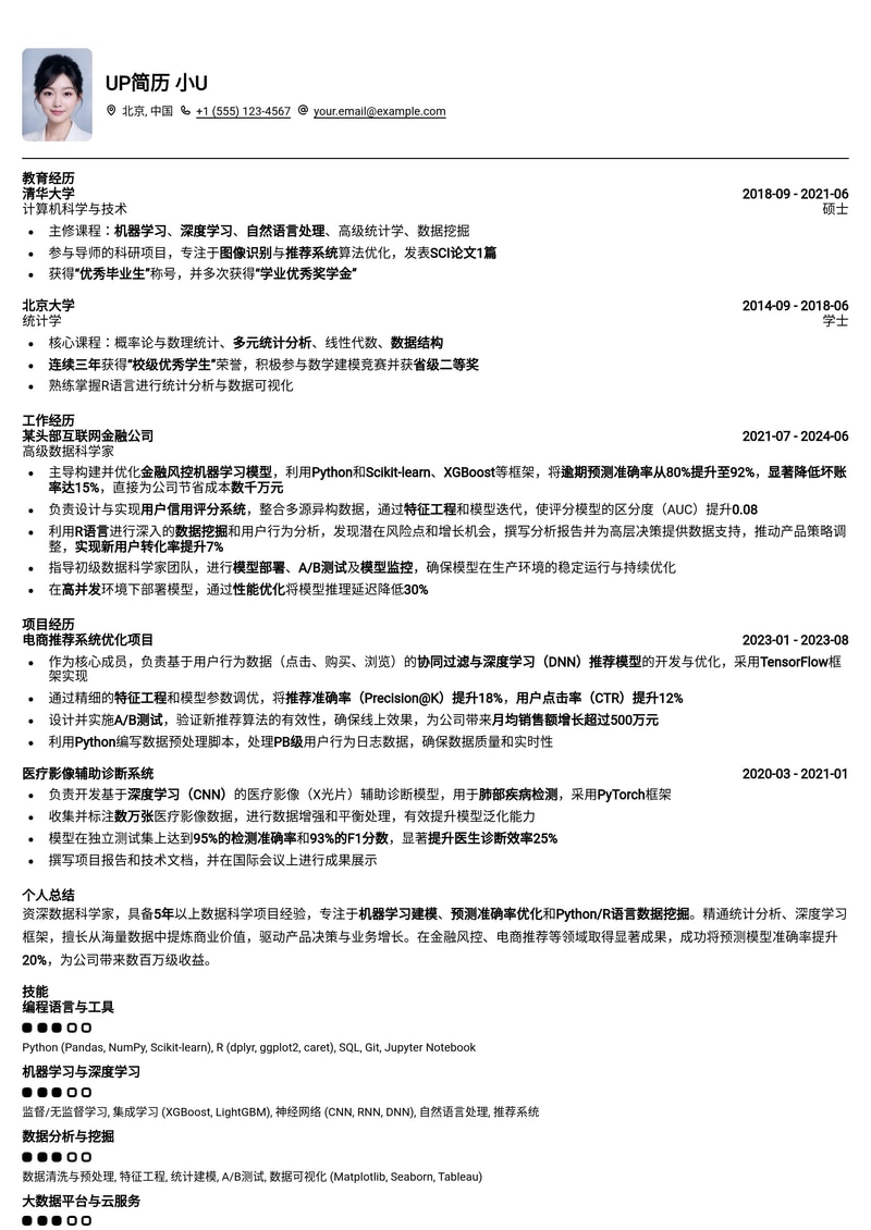 数据科学家(Data Scientist)简历模板:机器学习建模预测准确率与Python/R语言数据挖掘项目简历模板预览