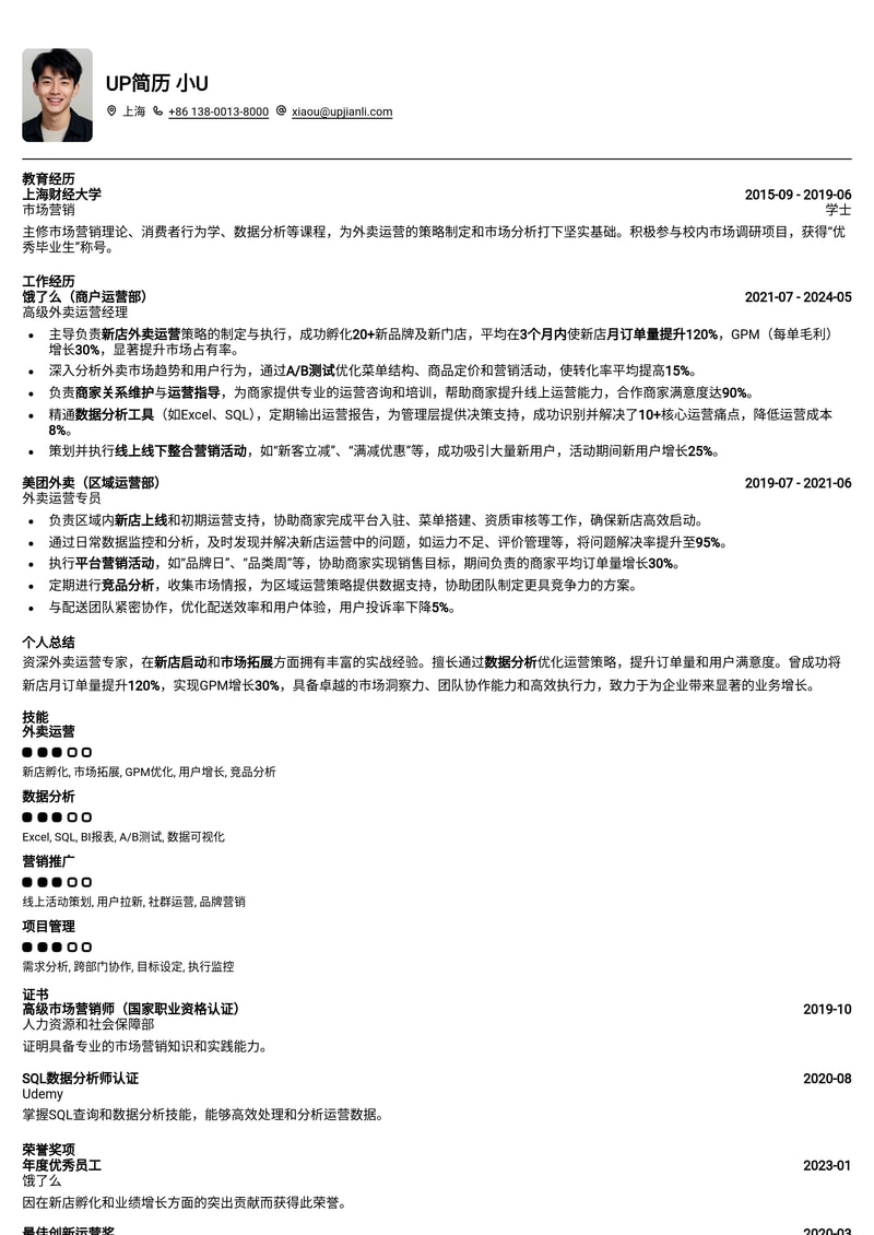 外卖运营简历模板：新店外卖运营通用简历模板预览