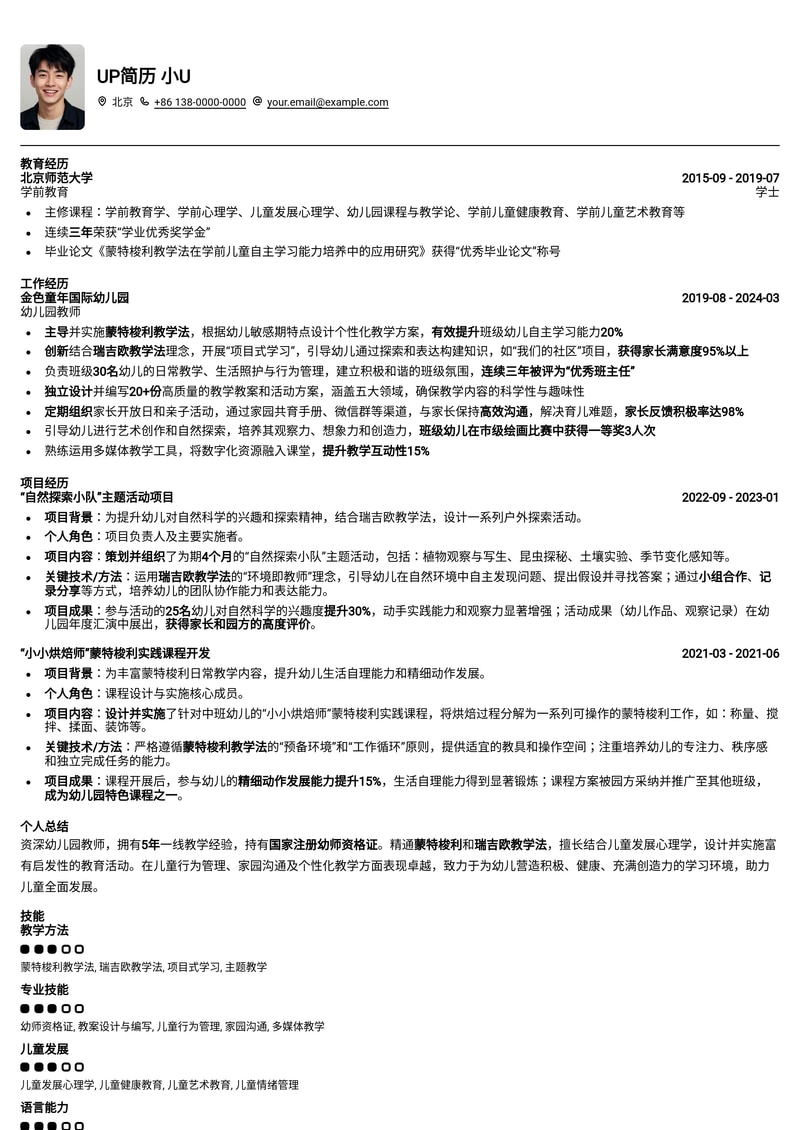 幼儿园老师简历模板:专业幼师,精通蒙特梭利/瑞吉欧教学法简历模板预览