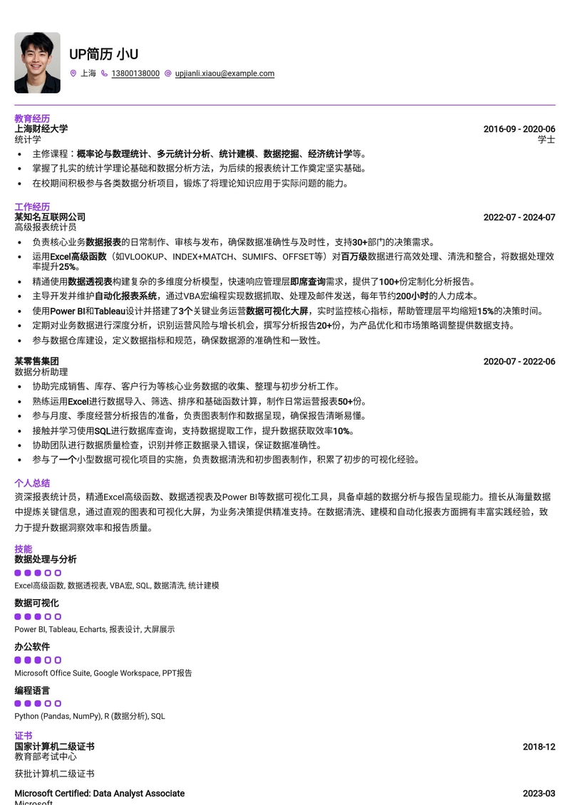 报表统计员简历模板:Excel函数透视表与数据可视化大屏,助您精准呈现数据洞察!简历模板预览