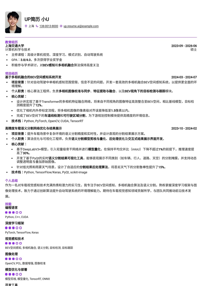 车载视觉感知实习生简历模板：BEV空间感知与多相机融合算法亮点展示简历模板预览