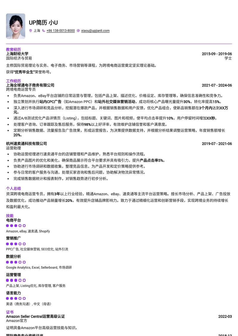 高效跨境电商运营专员简历模板：助您速通海外市场简历模板预览