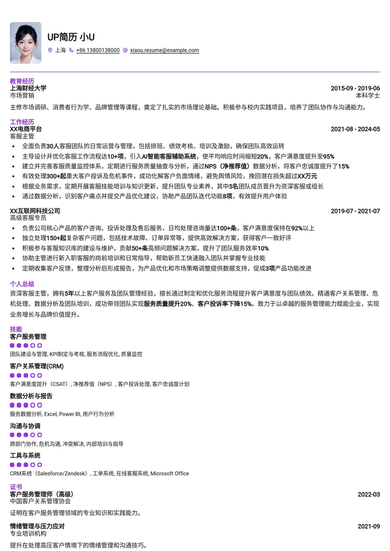 高效专业客服主管简历模板:洞察客户需求,提升团队绩效简历模板预览