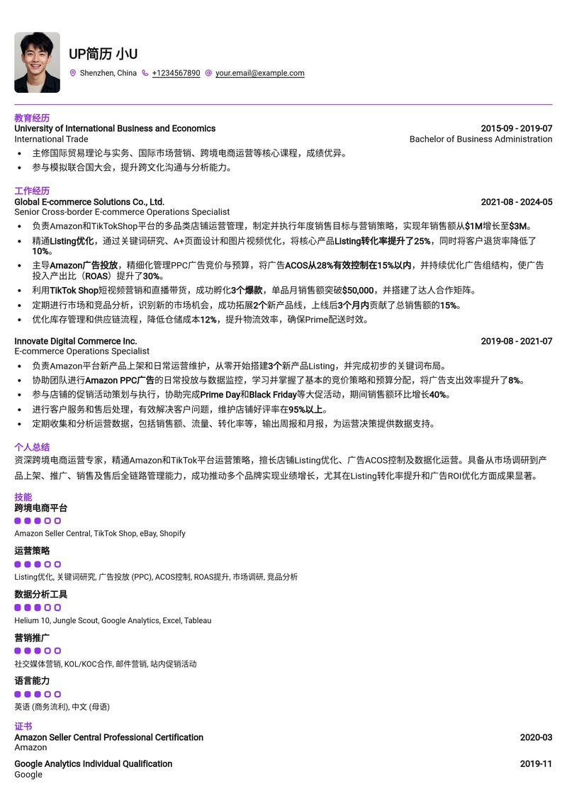 跨境电商运营(Amazon/TikTok)简历模板:Listing优化与ACOS控制数据驱动增长简历模板预览