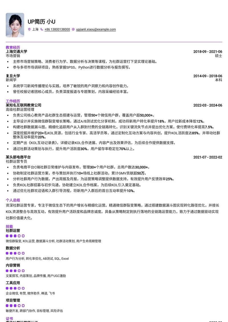 社群运营简历模板：微信群裂变与KOL互动数据可视化简历模板预览