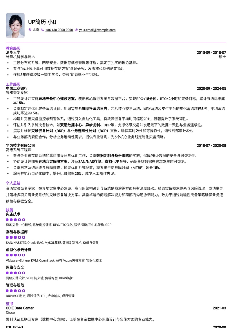 灾难恢复专家简历模板：异地灾备中心建设与系统倒换演练日志简历模板预览