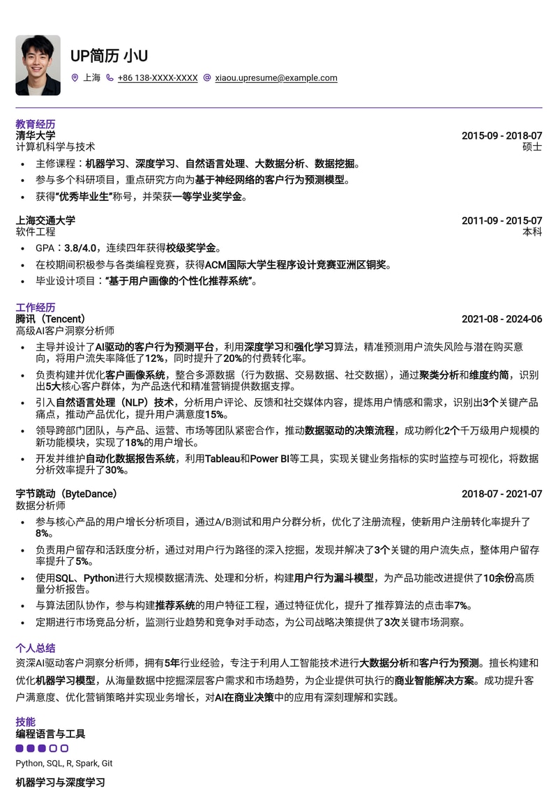 AI驱动客户洞察分析师简历模板：精准洞察，成就商业价值简历模板预览
