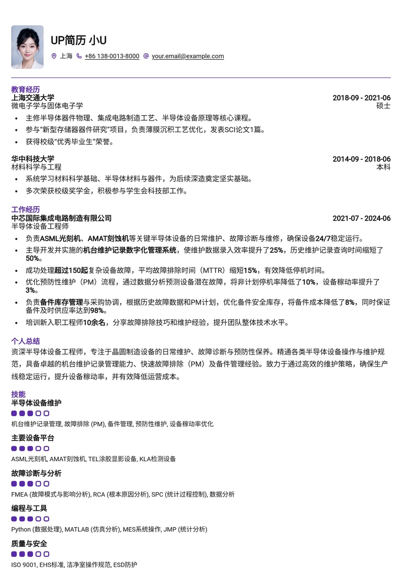 半导体设备工程师简历模板：精通机台维护、故障排除与备件管理简历模板预览