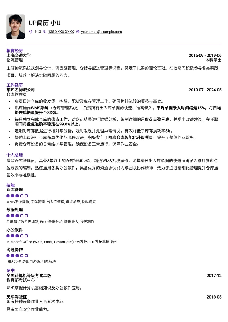 高效仓库管理员文职简历模板:WMS系统操作与库存盘点专家简历模板预览