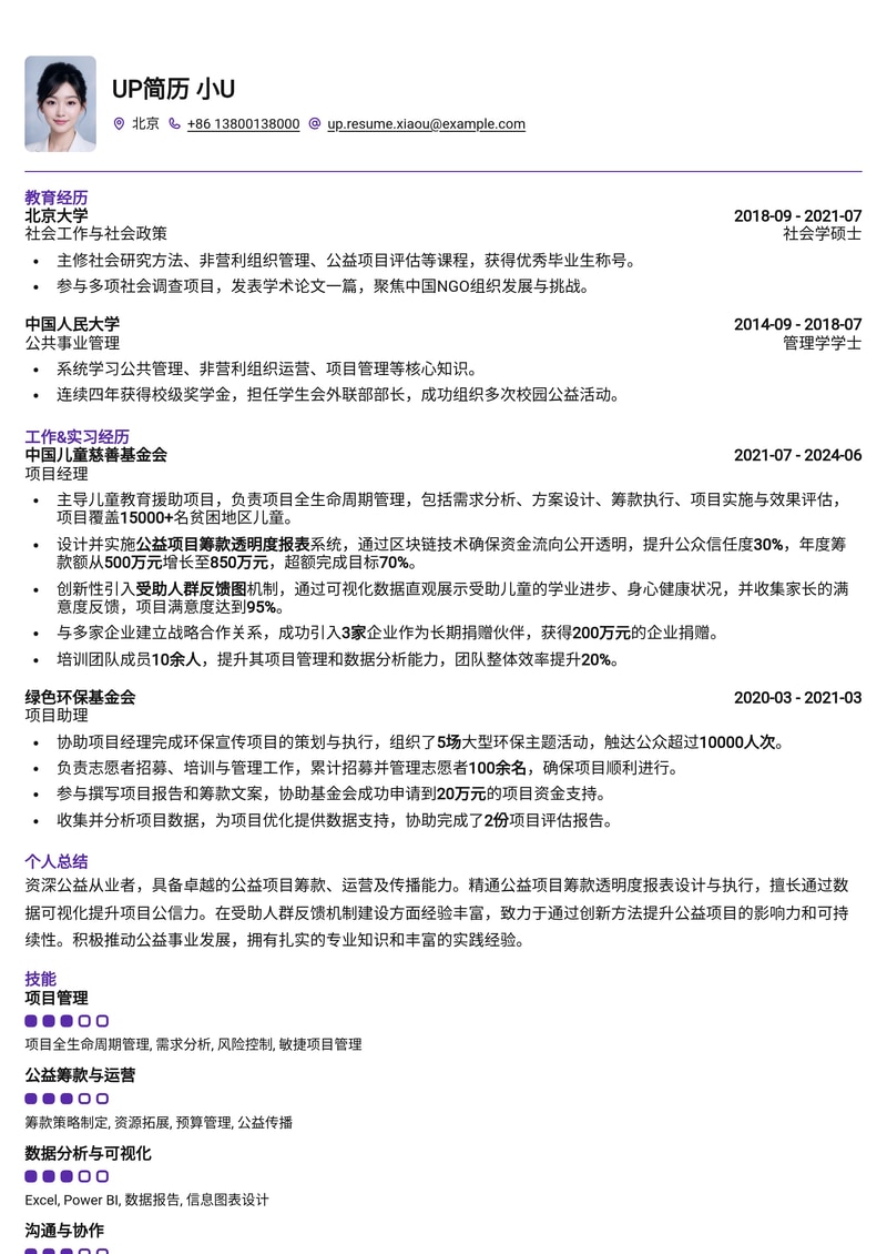 公益从业者(NGO)专属简历:突出筹款透明度与受助人反馈,彰显社会影响力简历模板预览