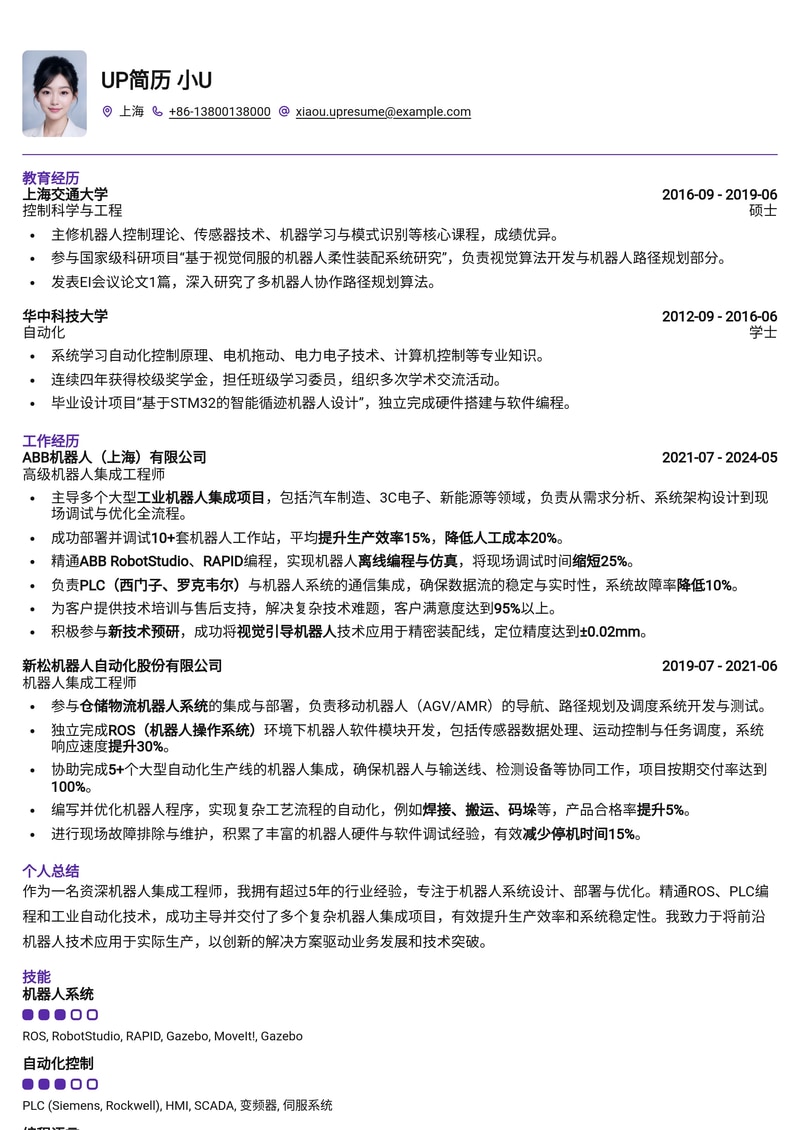 智能化生产力:机器人集成工程师专业简历模板简历模板预览