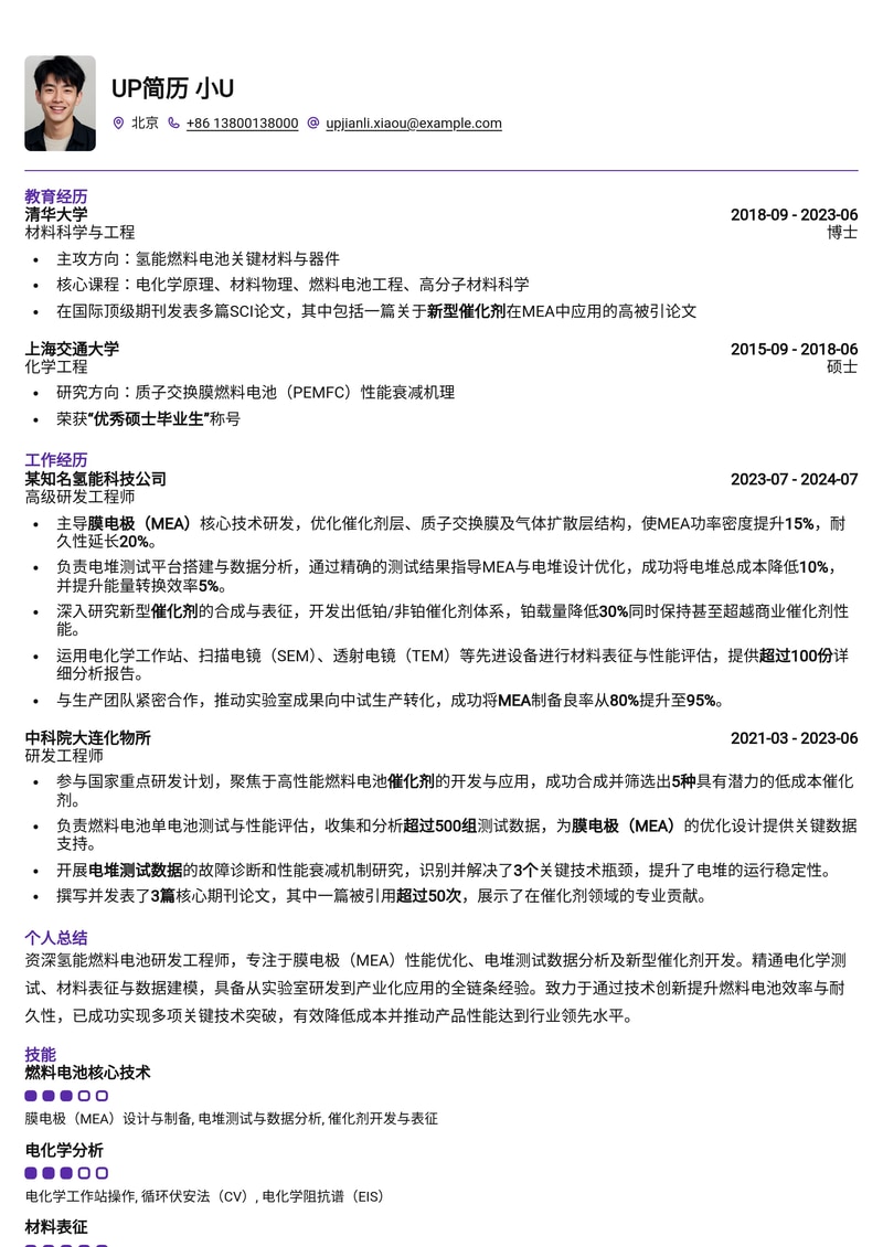 氢能燃料电池研发工程师简历模板：膜电极、电堆测试与催化剂分析专家