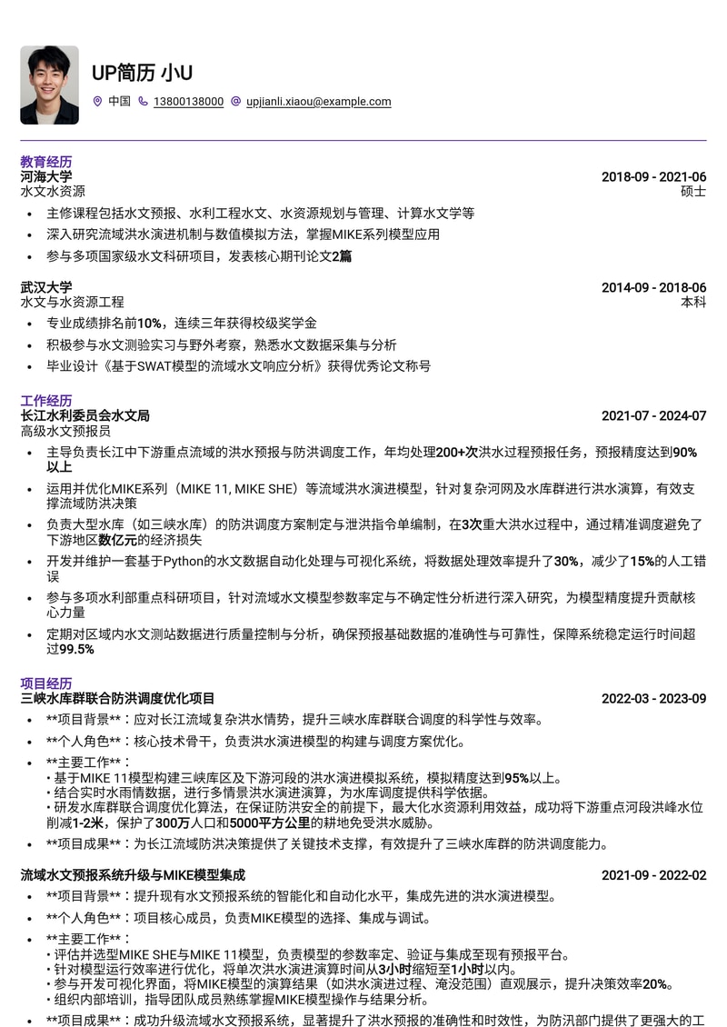 水文预报员专业简历模板：精通MIKE模型与水库防洪调度，助力精准预警简历模板预览