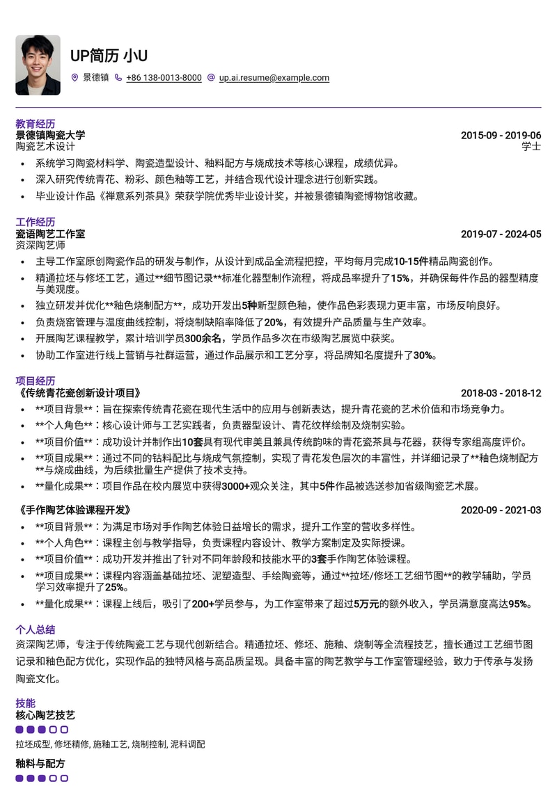 陶艺师专业简历模板:精细化展示拉坯修坯工艺与釉色烧制配方简历模板预览