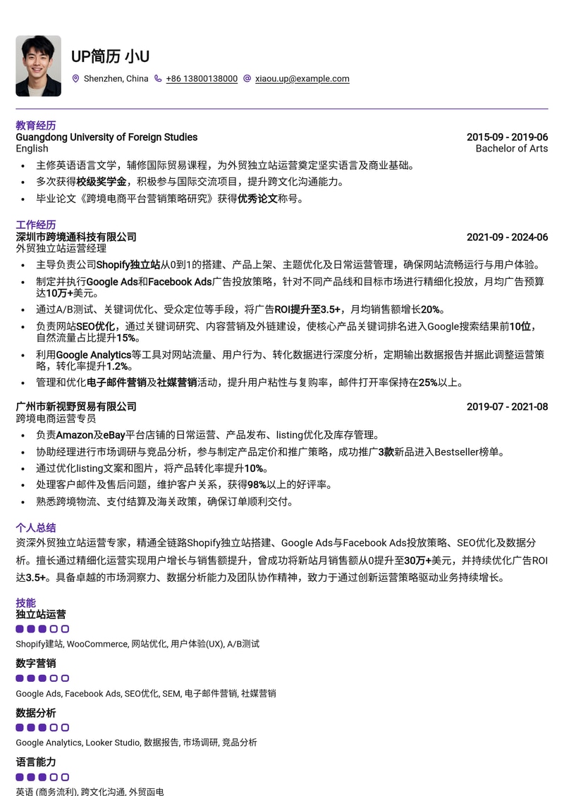 独立站运营简历模板：外贸独立站运营简历模板预览