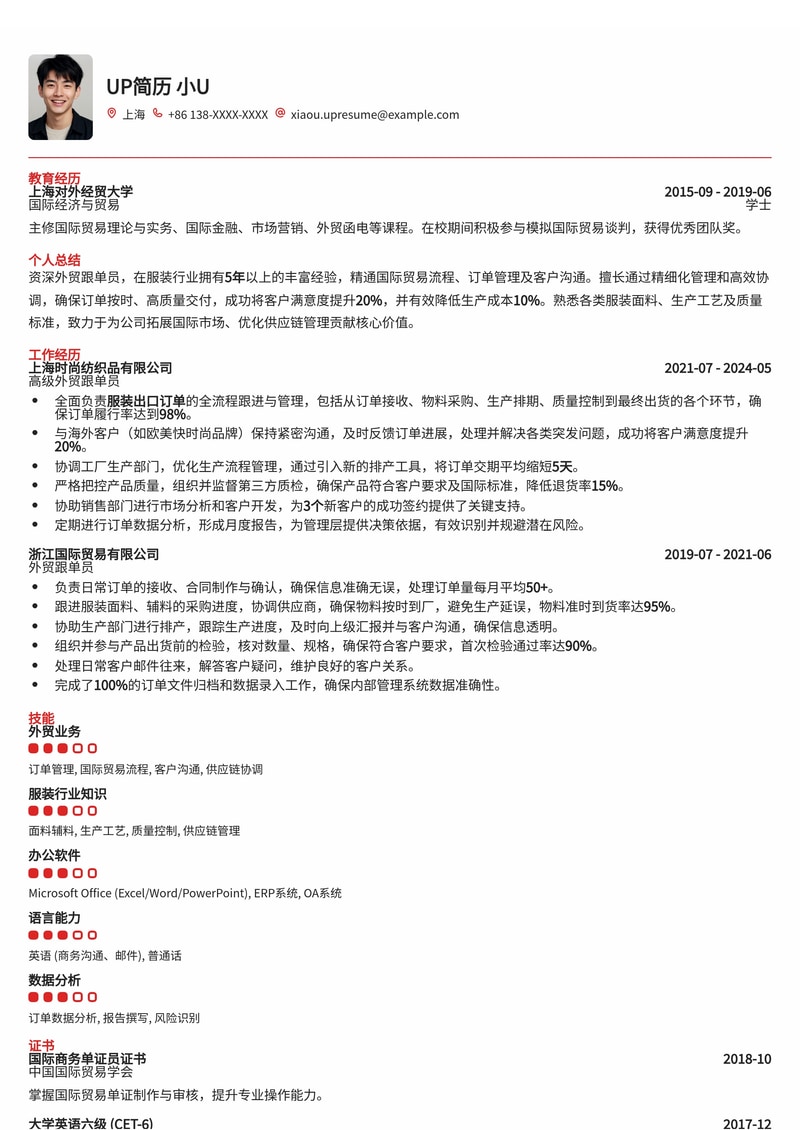 外贸跟单员简历模板:服装行业外贸跟单简历模板预览