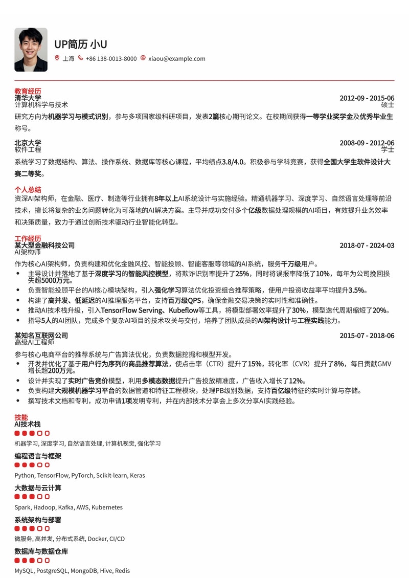 深度学习驱动:金融AI架构师简历模板(含前沿技术栈)简历模板预览