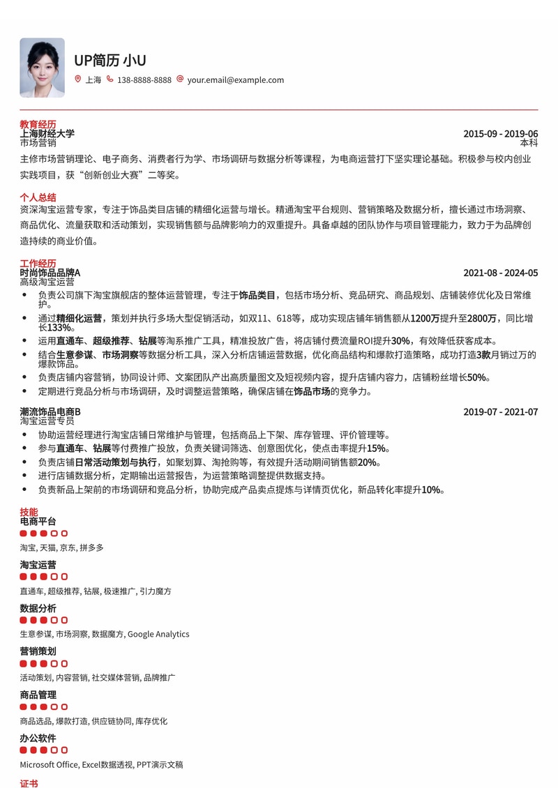 淘宝运营简历模板：熟悉饰品店铺运营简历模板预览