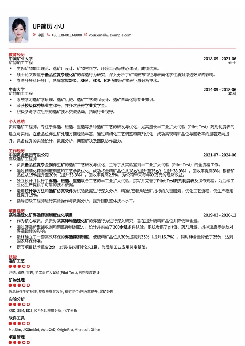 选矿工程师(Mineral Processing Eng.)简历模板:浮选、磁选、重选半工业扩大试验(Pilot Test)药剂制度表与低品位伴生矿精矿品位/回收率双向提升指标简历模板预览