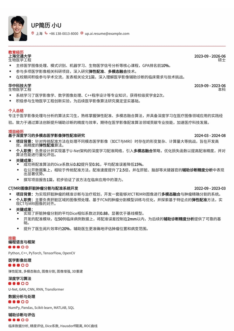 医学影像配准算法实习生简历模板：弹性配准与多模态融合，助力辅助诊断精度提升简历模板预览