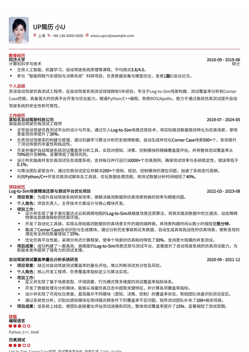 自动驾驶仿真测试工程师简历模板：Log-to-Sim场景构建、覆盖率分析与Corner Case挖掘简历模板预览