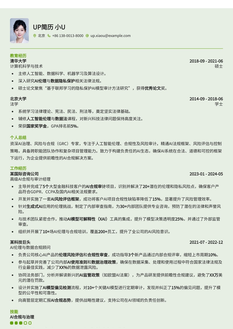 AI审计师 / AI合规 / 伦理审查员简历模板：驾驭AI风险，彰显专业洞察力简历模板预览