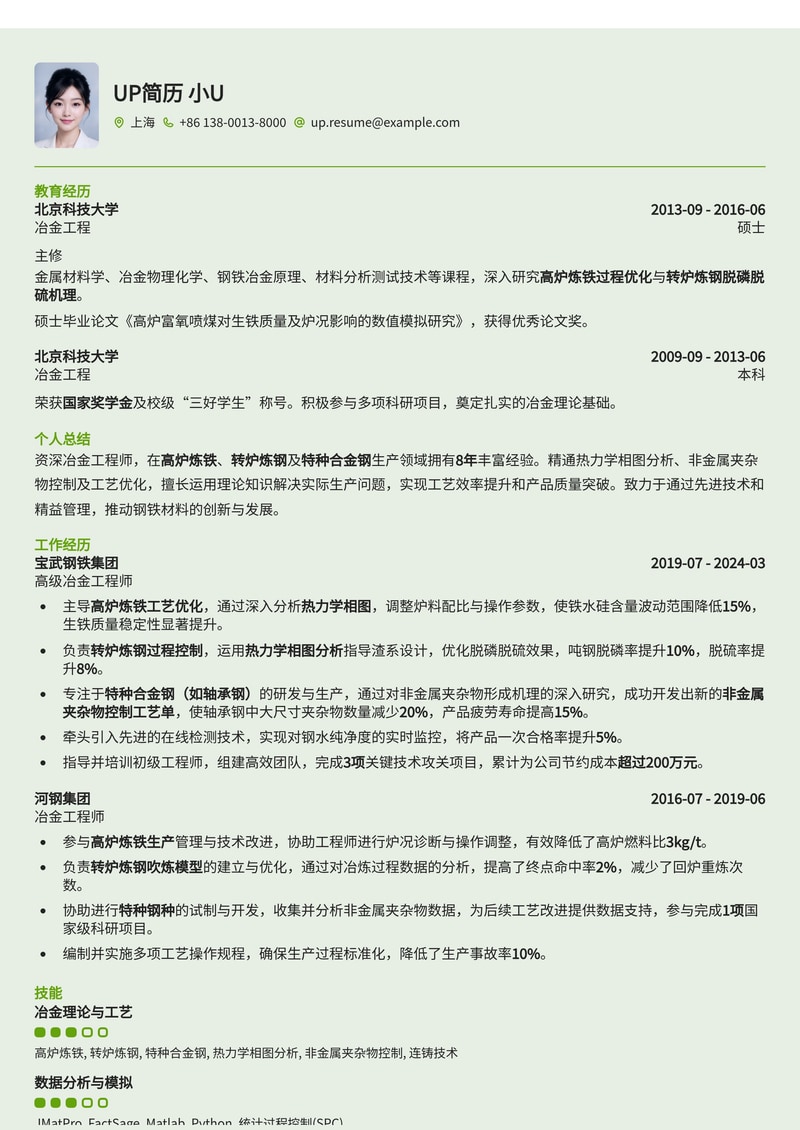 冶金工程师简历模板：高炉炼铁/转炉炼钢热力学相图分析与特种合金钢非金属夹杂物控制简历模板预览
