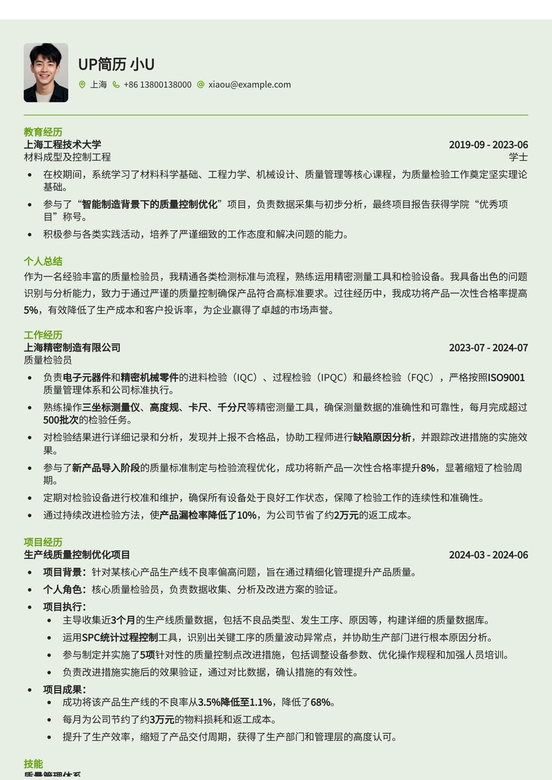 质量检验员专业简历模板：严谨细致，成就品质典范简历模板预览