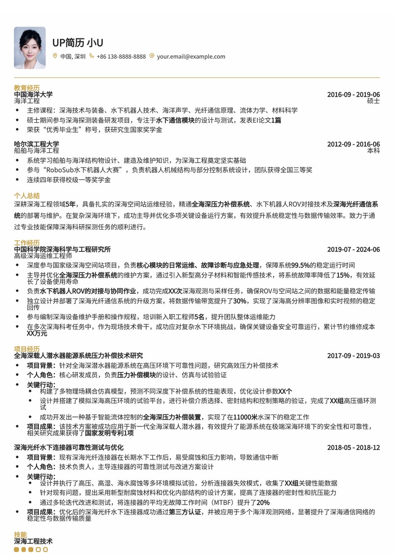 深海空间站运维工程师简历模板：专业定制，突出全海深压力补偿与ROV对接经验简历模板预览
