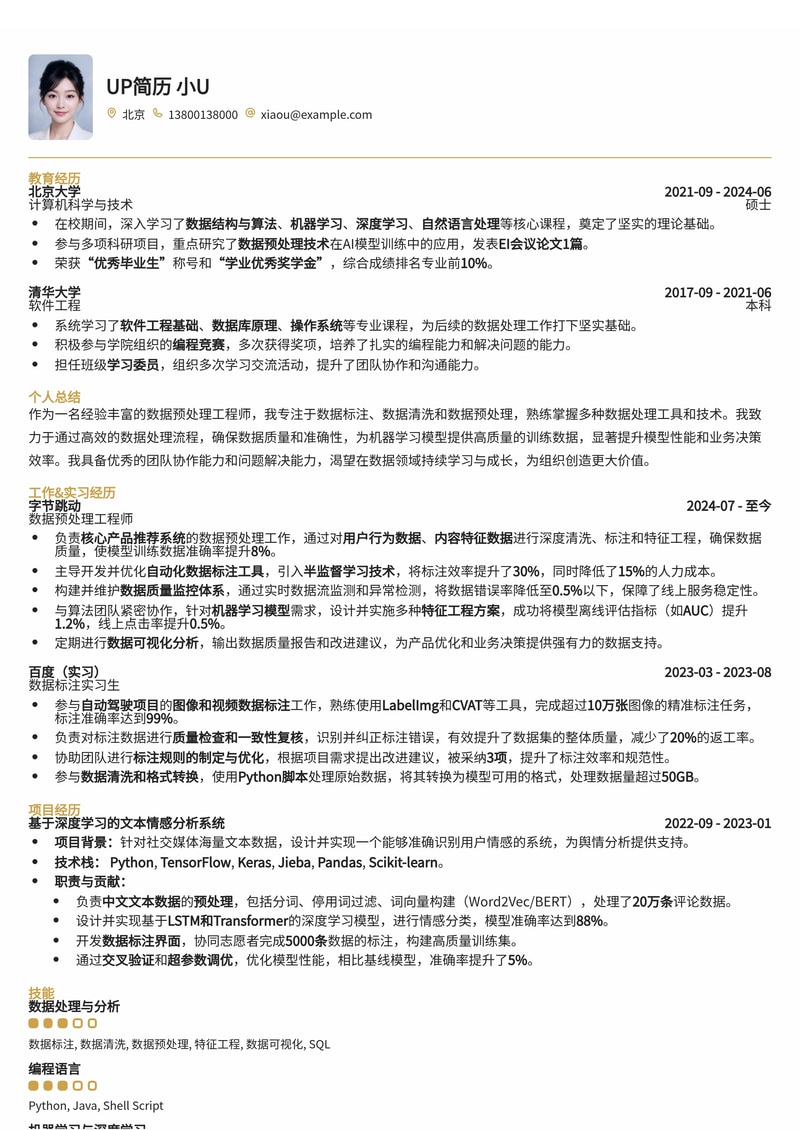 数据标注/清洗/预处理工程师简历模板：AI时代数据基石的专业之选简历模板预览