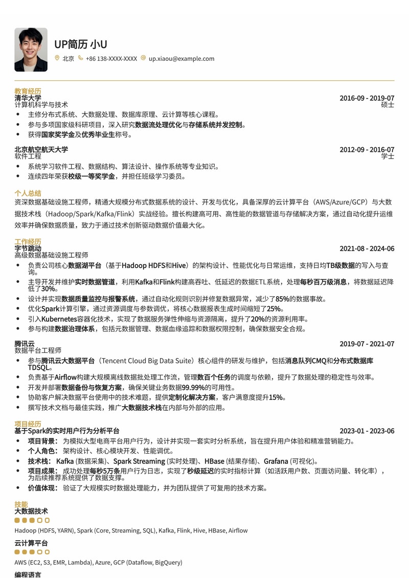 数据基础设施工程师简历模板:构建稳定高效的数据基石简历模板预览