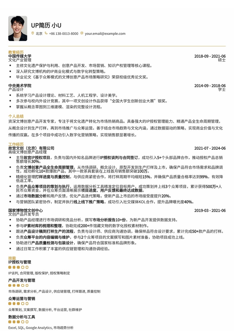 文博创意产品开发简历模板：IP授权、打样与众筹数据全展示简历模板预览